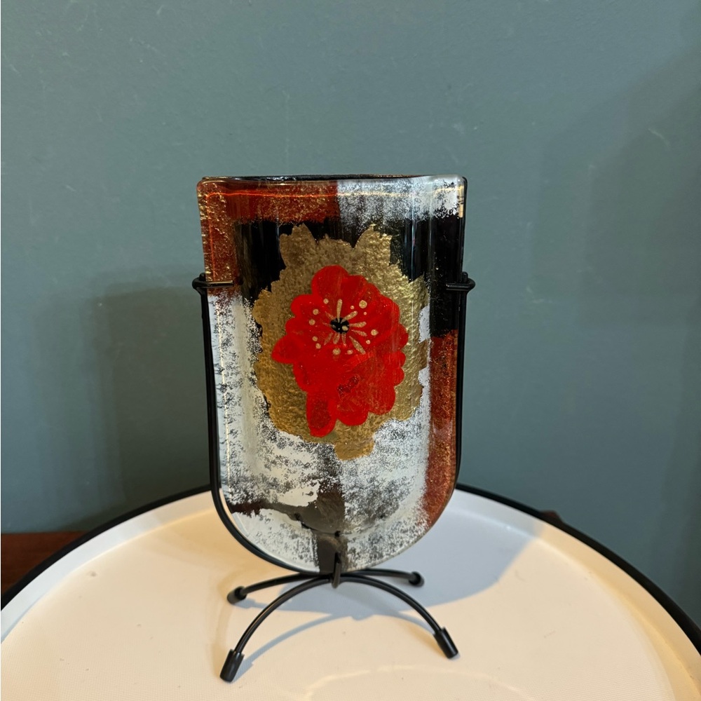 Jasmine Art Glass Mini U Vase in metal stand with Red & Gold Floral Design - 9”